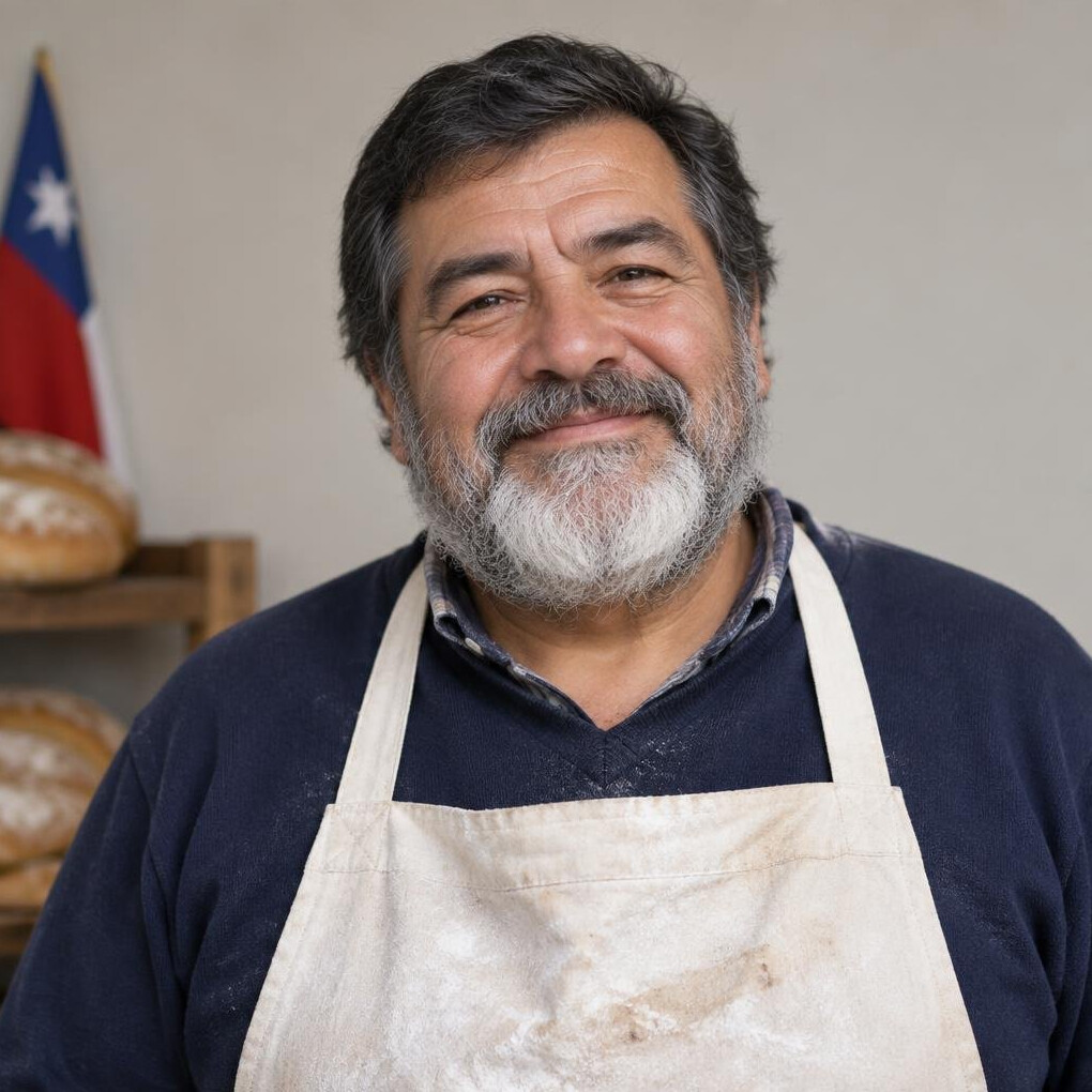 Retrato de un panadero chileno de barrio con barba
