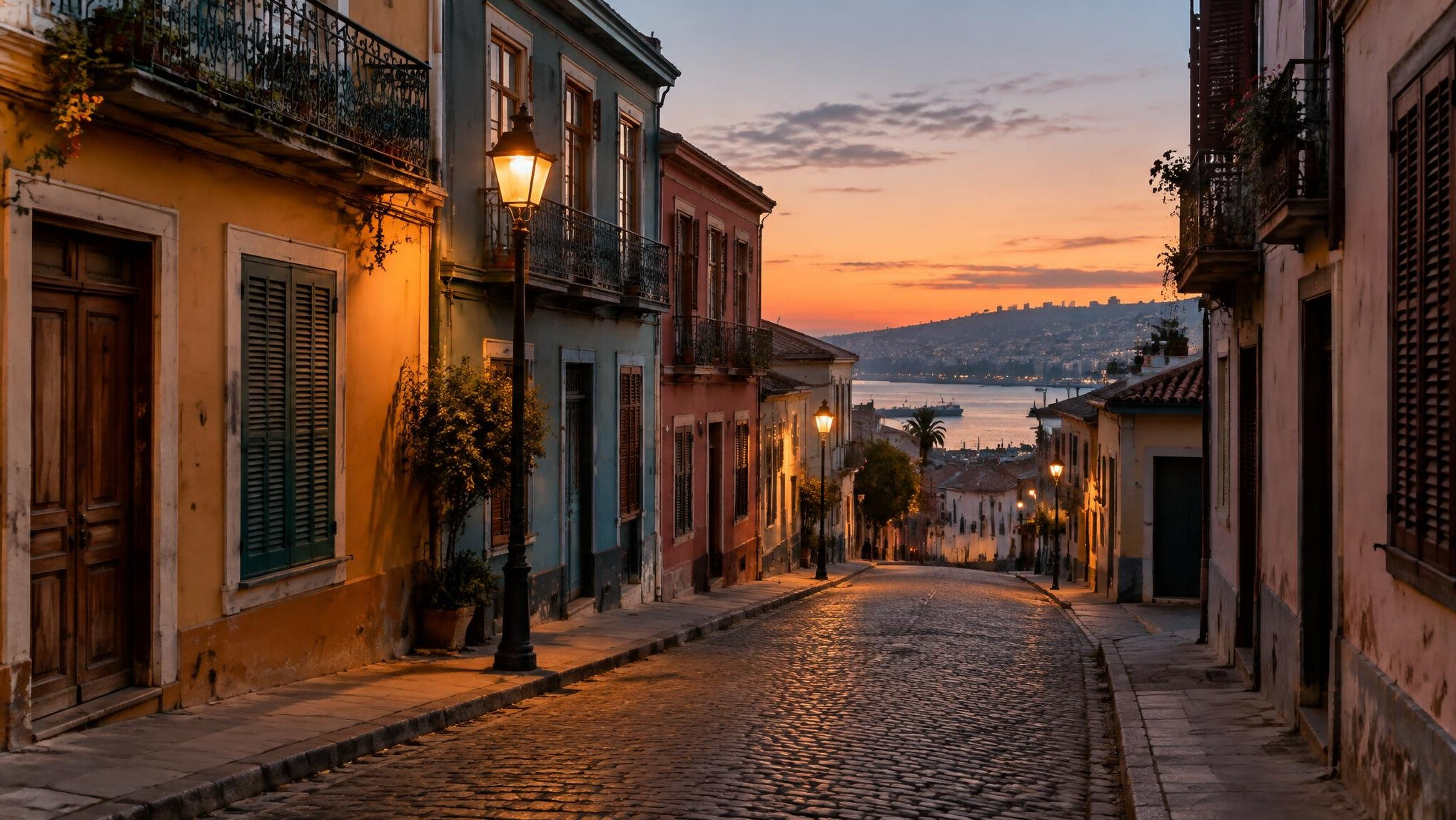 Calle de un barrio antiguo iluminada al anochecer